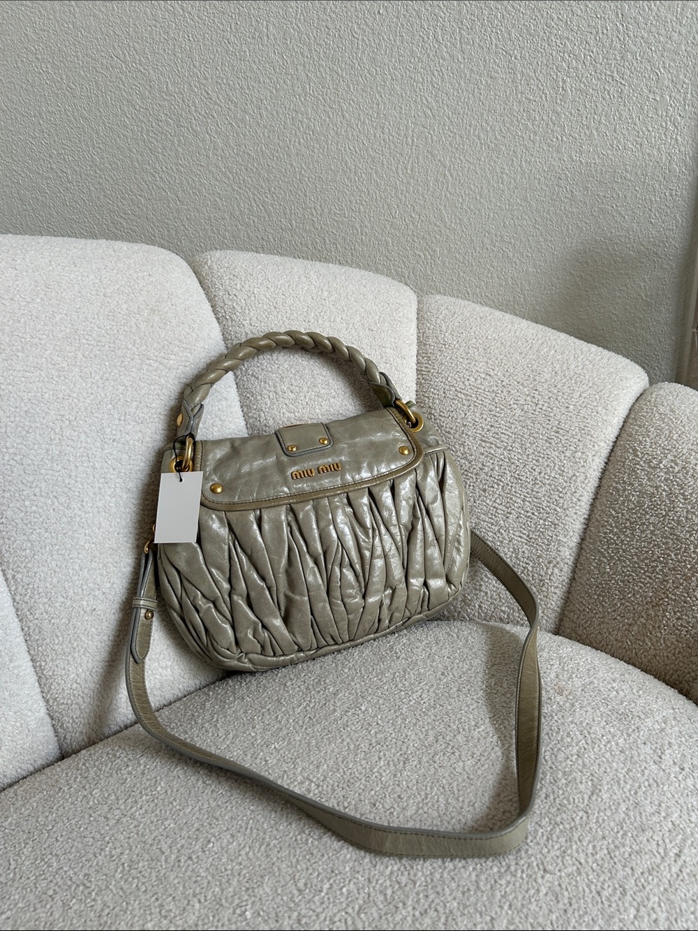 Miu Miu Metallic Taupe Quilted Shoulder Bag with Braided Handle